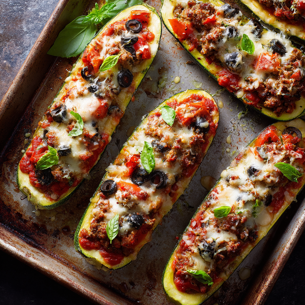 A sheet pan with four Italian stuffed zucchini boats baked until golden brown, filled with sausage, peppers, olives, tomatoes, mozzarella, and Parmesan.