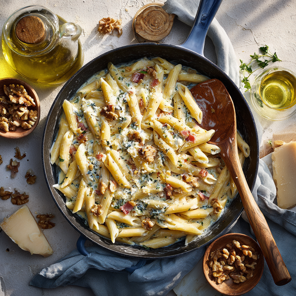 creamy gorgonzola penne in a skillet, wooden spoon inside, pancetta and walnuts scattered evenly