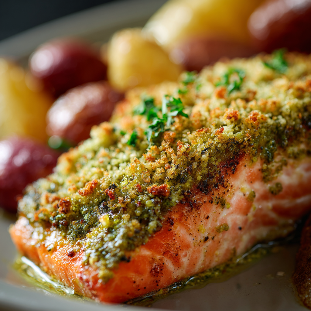 Close-up of a salmon fillet with a golden parmesan-breadcrumb crust over pesto. Edges lightly crisp, center moist and flaky.