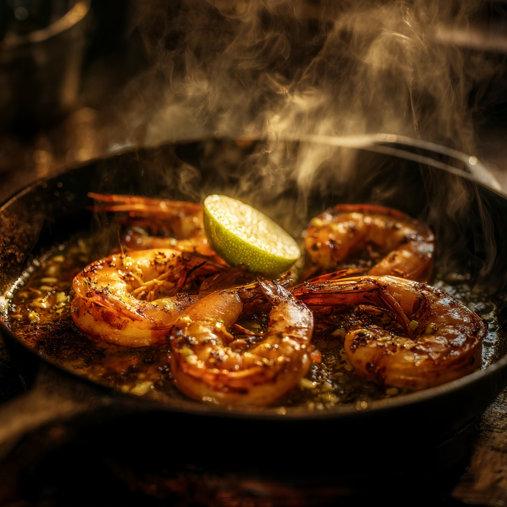shrimp sizzling in a hot cast-iron skillet with olive oil, garlic, and spices.