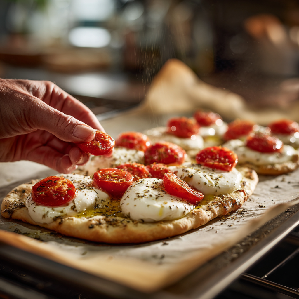 Flatbread on parchment paper after par-baking, brushed with olive oil. Slices of fresh mozzarella arranged evenly with halved cherry tomatoes placed on top.