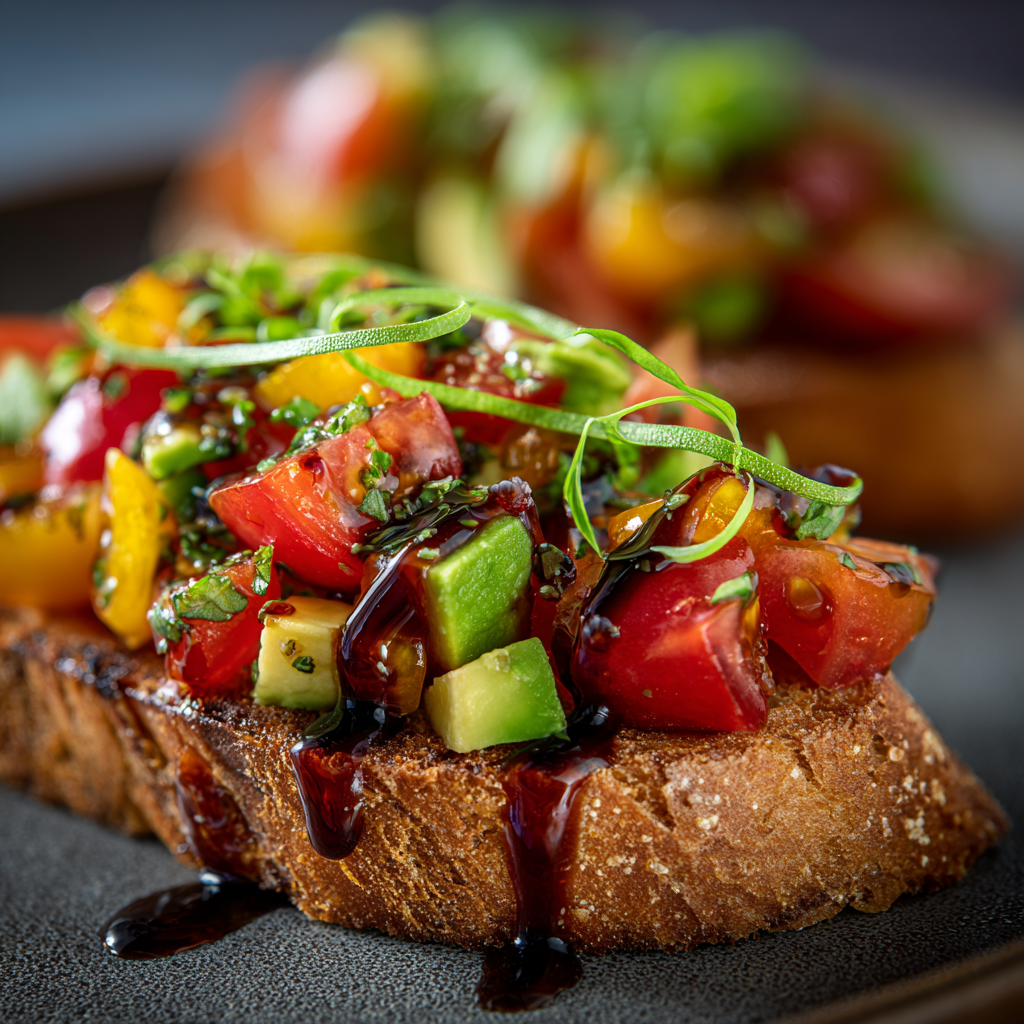 topping on Italian bruschetta avocado toast: ripe diced heirloom tomatoes, visible basil ribbons, tiny droplets of balsamic glaze