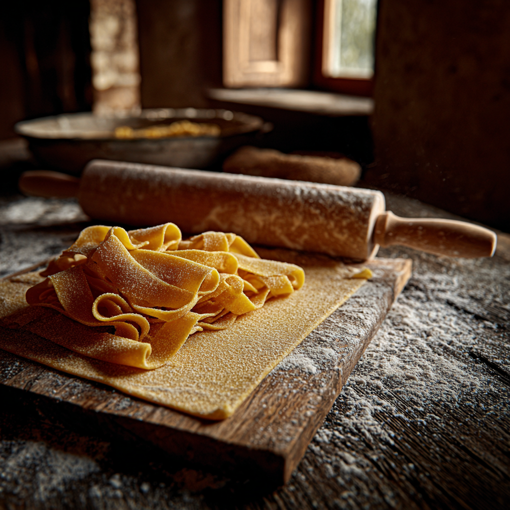 rolled pasta sheet at 1/8 inch thickness, long rolling pin, and freshly cut 1/4-inch strangozzi ribbons dusted with semolina.