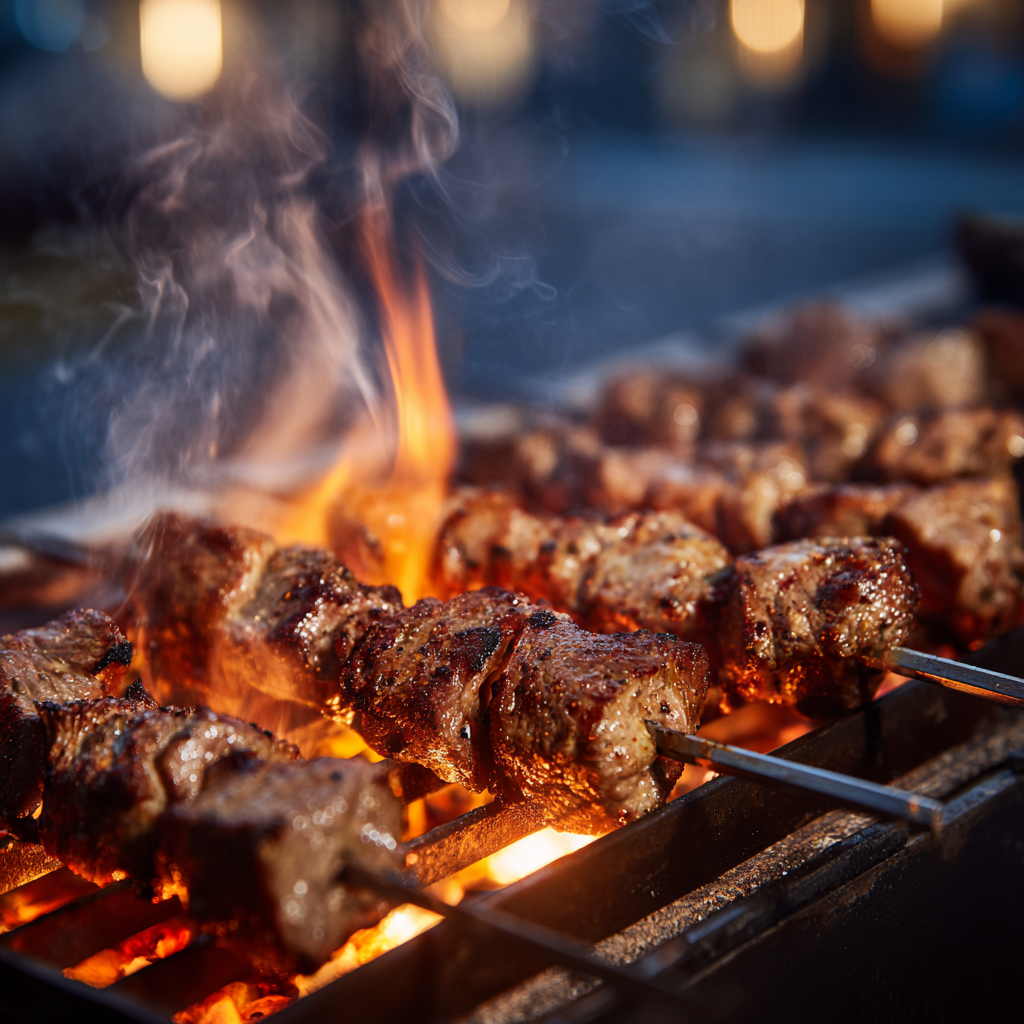 Hand turning arrosticini skewers over glowing charcoal on a home grill that mimics a canaline