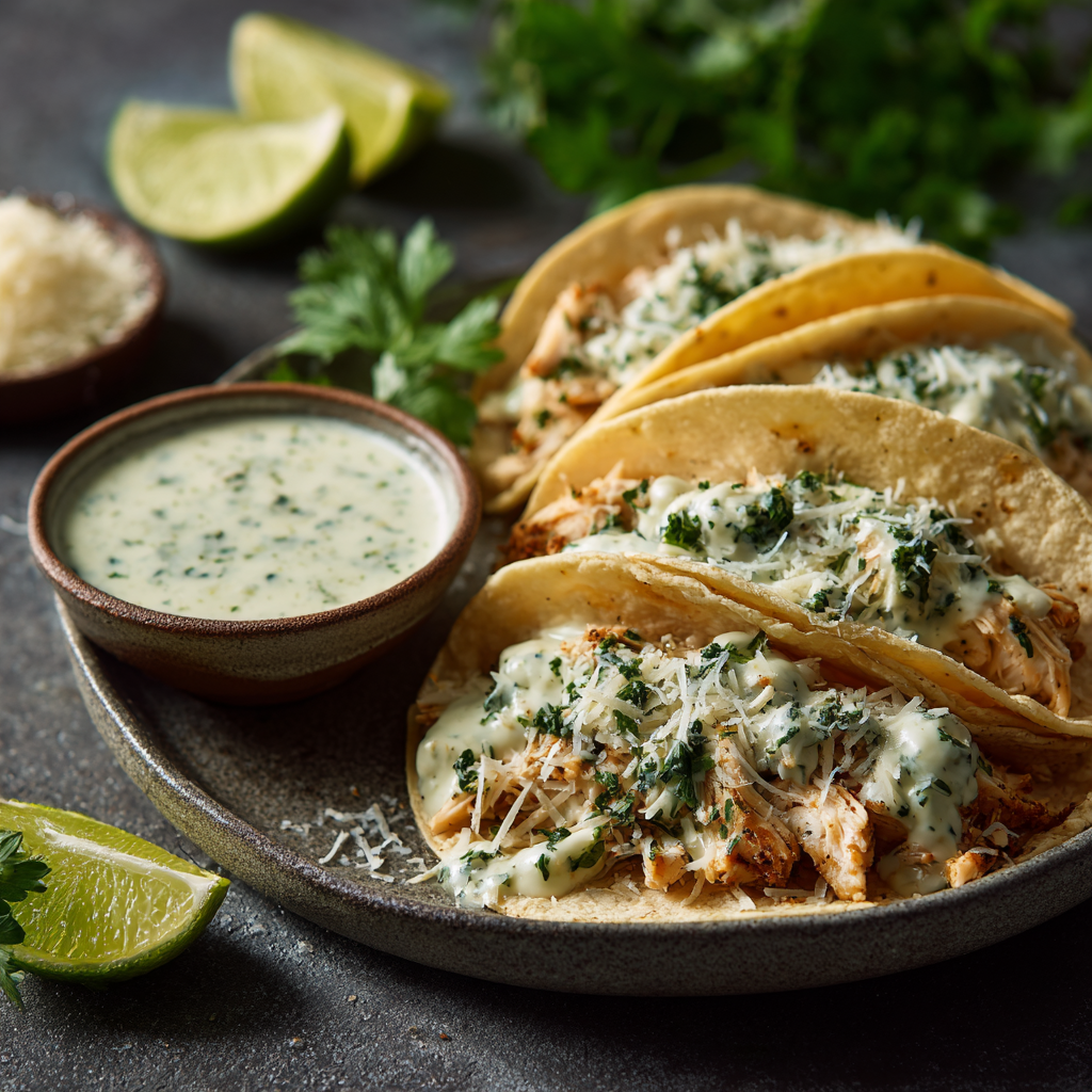 A styled tabletop scene with 2–3 assembled Italian chicken tacos, creamy herb sauce in a small ramekin, fresh parsley, lime wedges, and parmesan shavings scattered naturally.