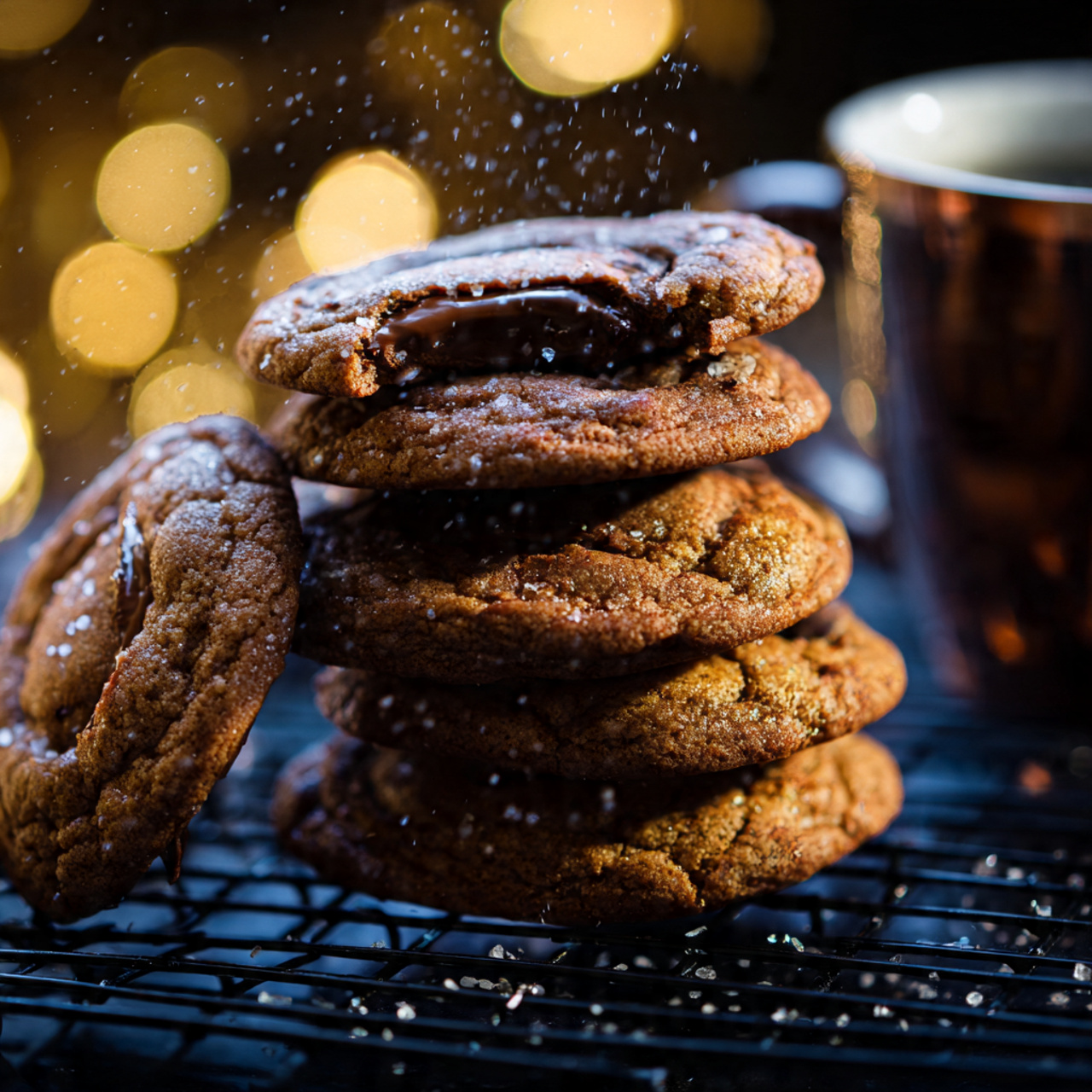 A stack of warm Nutella-stuffed cookies on a cooling rack, one cookie slightly oozing Nutella.