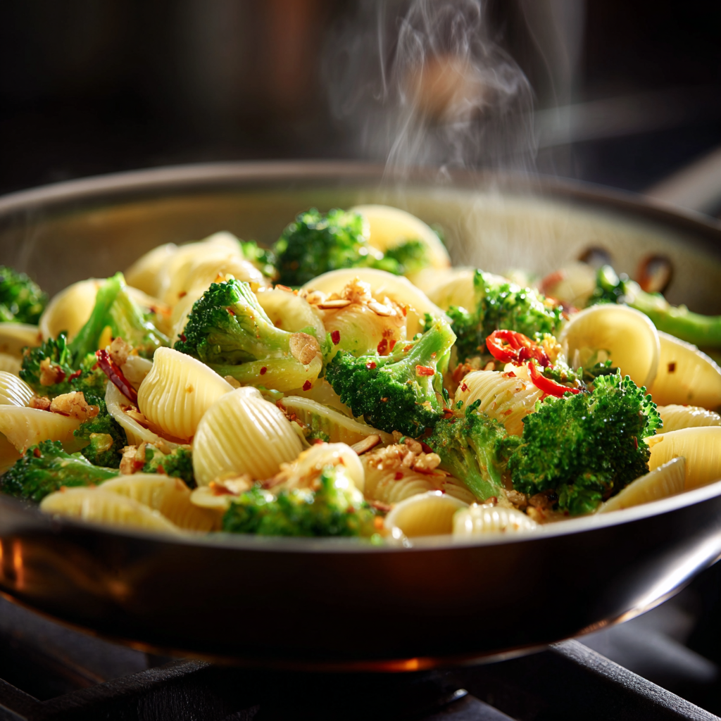 pasta and broccoli tossed in a wide pan with garlic slices and chili. Sauce looks silky and clings to pasta.