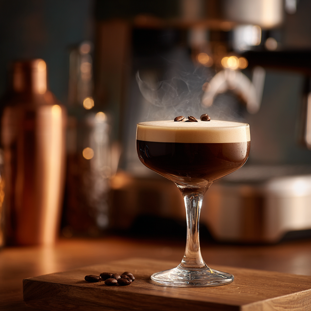 An espresso martini with thick foam and three beans sitting on a small wooden table near an espresso machine.