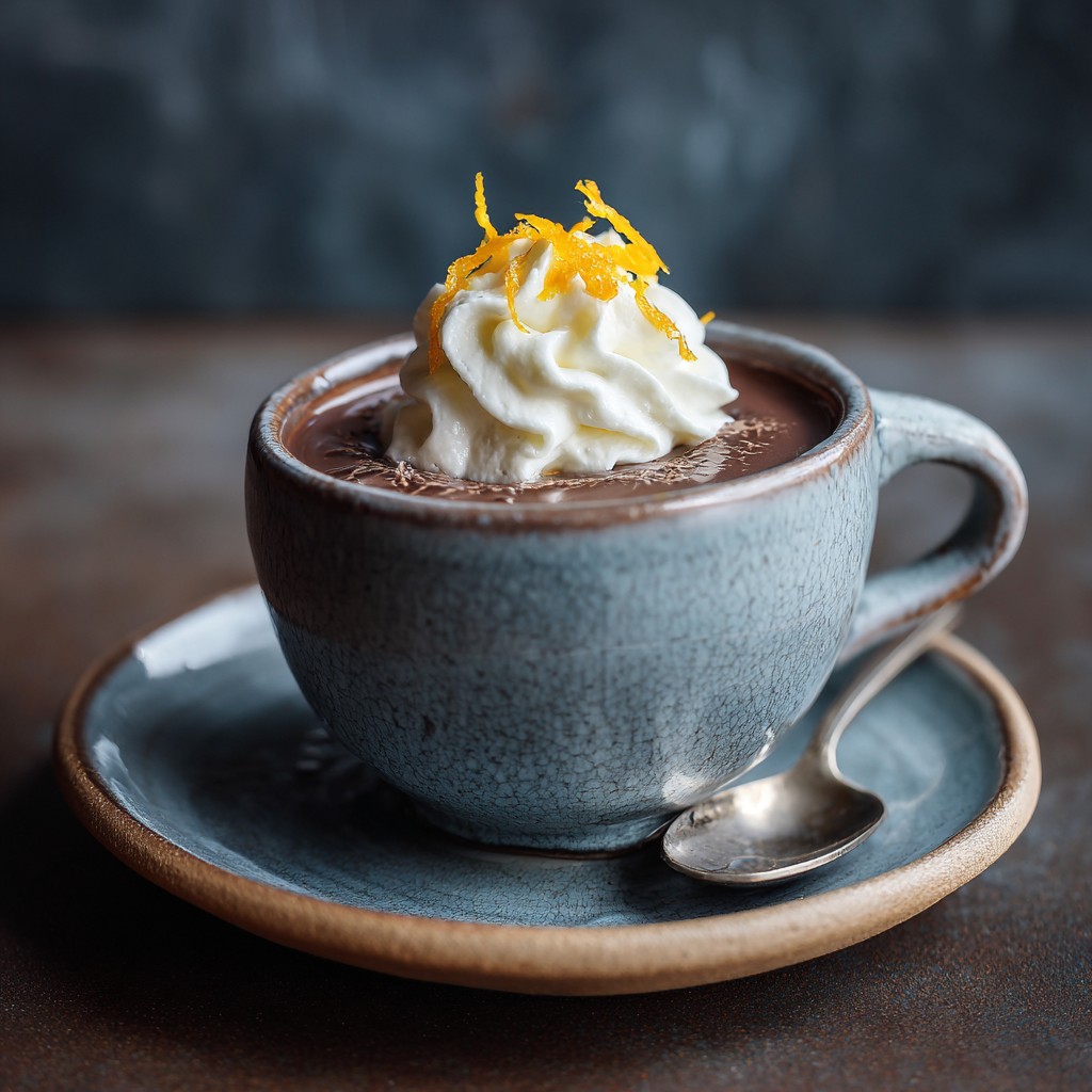 Small cup of Italian hot chocolate with a tiny swirl of whipped cream and a thin strip of orange zest, glossy and rich surface