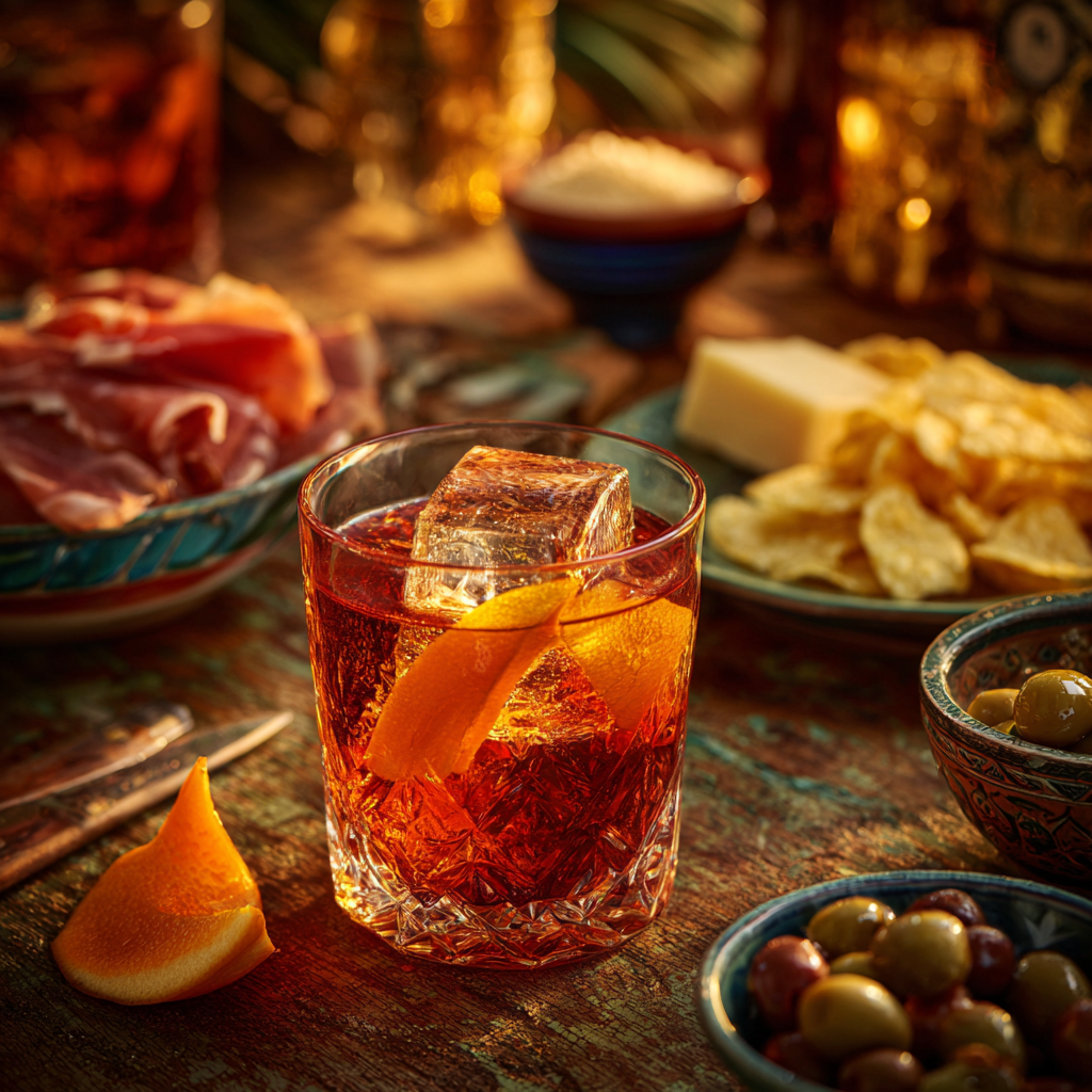 Negroni Bianco served in an Old-fashioned glass over a single clear ice cube with an orange peel garnish.