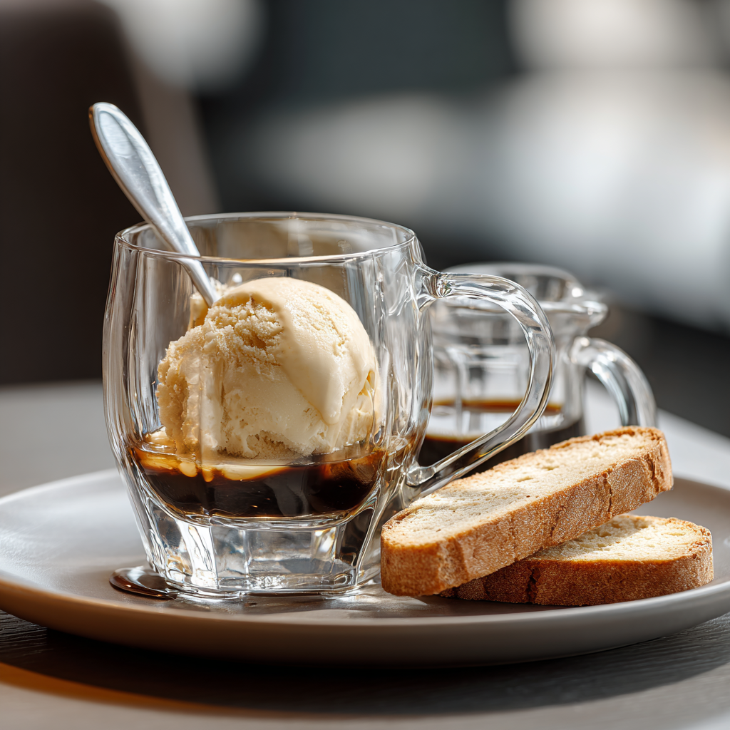 Affogato served tableside: chilled glass holding vanilla gelato, with a tiny pitcher of hot espresso placed beside it.