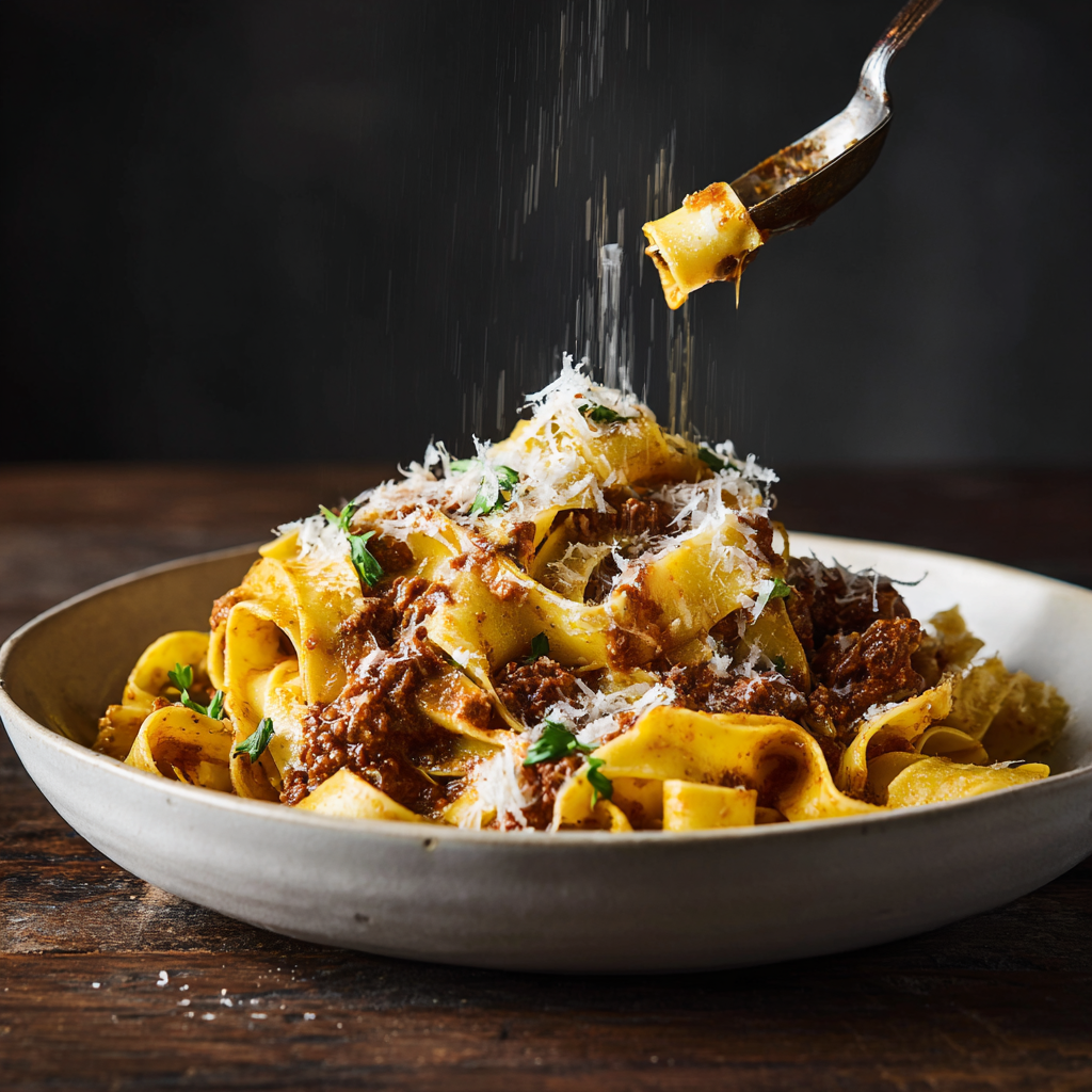 white bolognese pasta in a cast iron pan. Sauce looks glossy and creamy with no tomato.