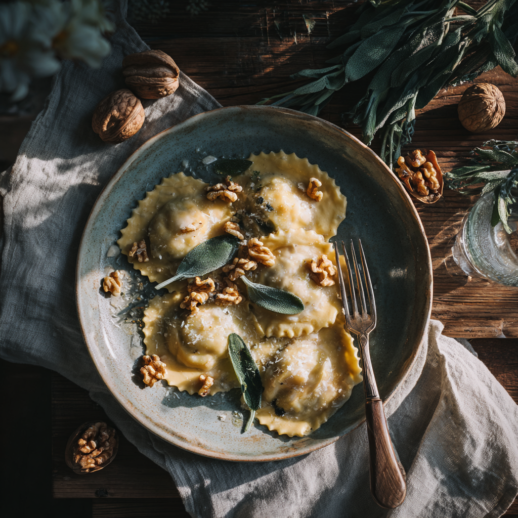 Overhead flat lay of walnut brown butter ravioli served on stoneware plate
