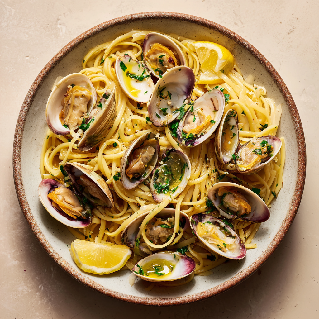 seafood pasta with clams half in shell half removed, glossy sauce, minimal plating, olive oil drizzle