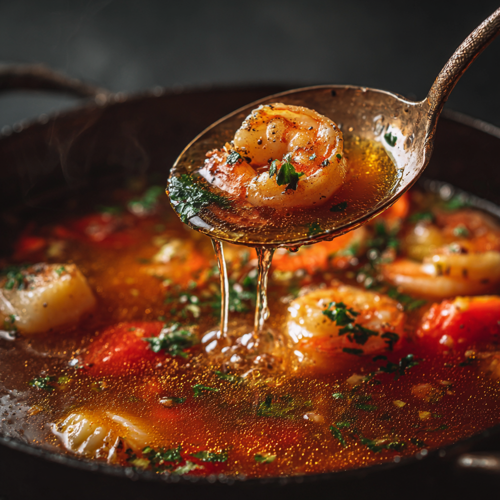 ladle lifting seafood stew showing shrimp scallop cod and tomato broth dripping back into the pot