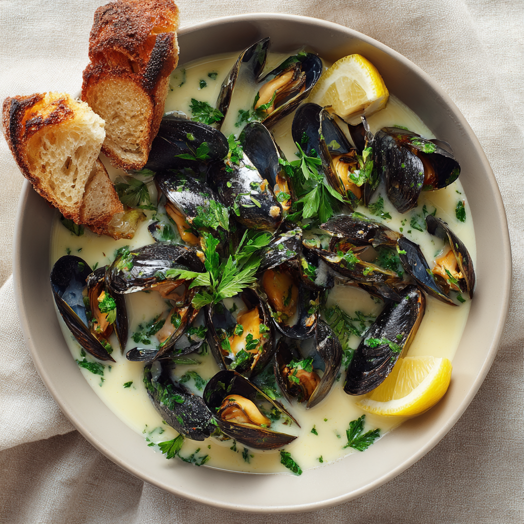 plated steamed mussels with bread torn for dipping, creamy white wine broth pooling in the bowl,