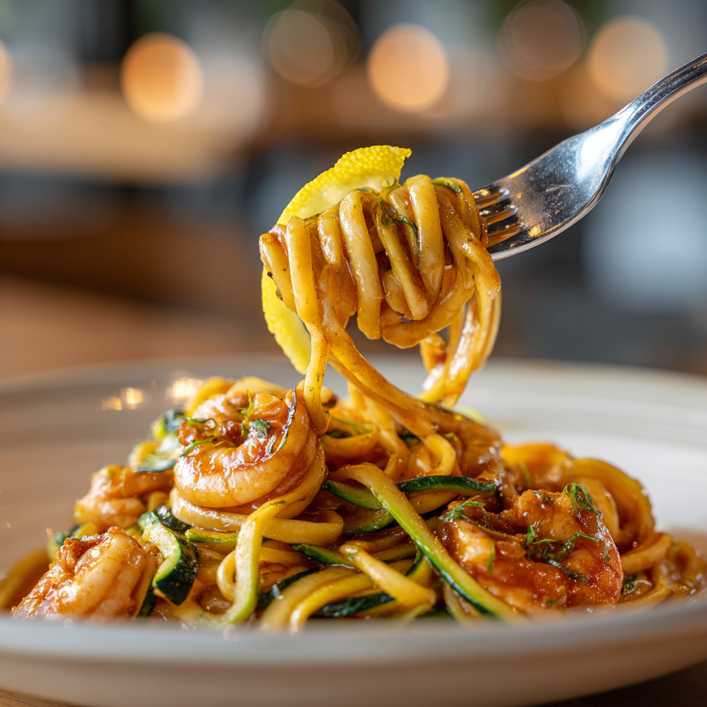 fork twirling linguine with shrimp and zucchini, glossy sauce clinging to pasta
