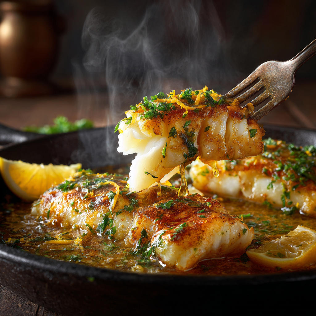 flaky cod being lifted with a fork from a one-pan Italian fish bake.