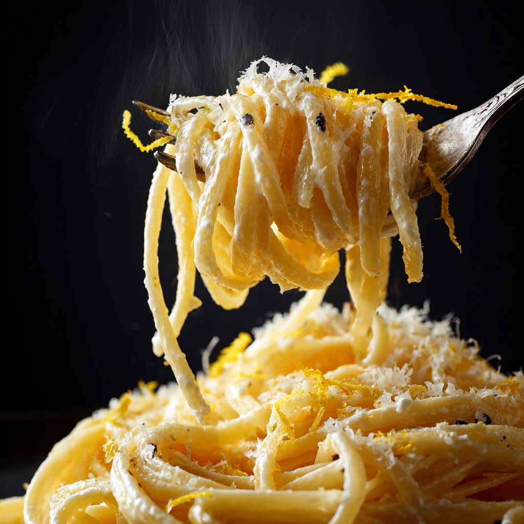 fork twirling lemon ricotta pasta, sauce glossy and smooth, steam visible
