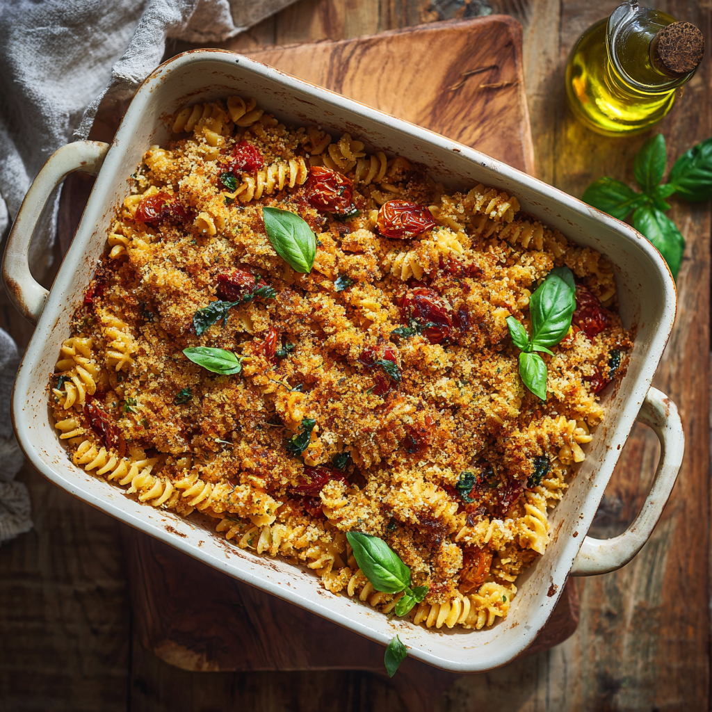 baked roasted tomato fusilli in a 13x9 baking dish, breadcrumb topping browned, basil scattered
