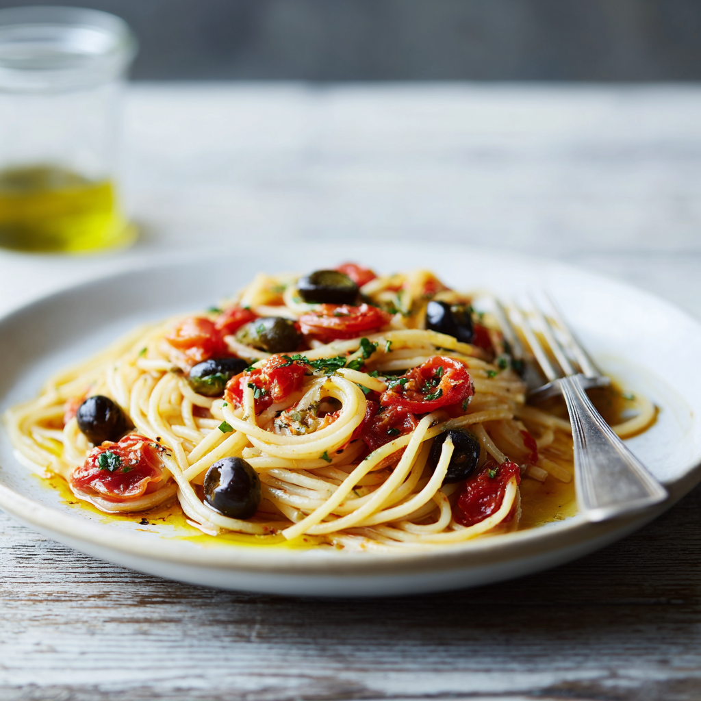 Plated pasta alla puttanesca on a simple white plate with a fork resting on the side.