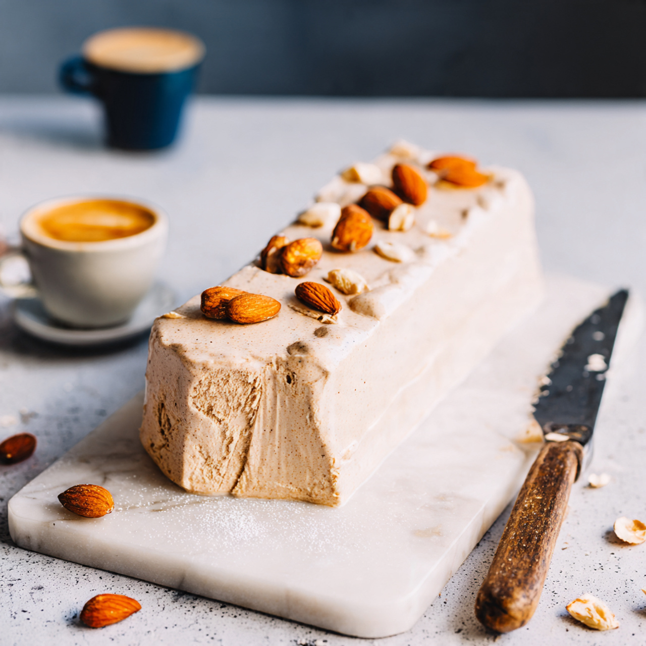 Whole semifreddo loaf on a marble surface with a warm knife beside it, soft half-melted edges showing silky texture