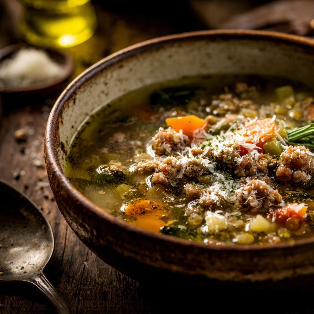 pot of Italian sausage and lentil soup on a stovetop. Lentils slightly broken down, sausage browned, vegetables evenly diced.