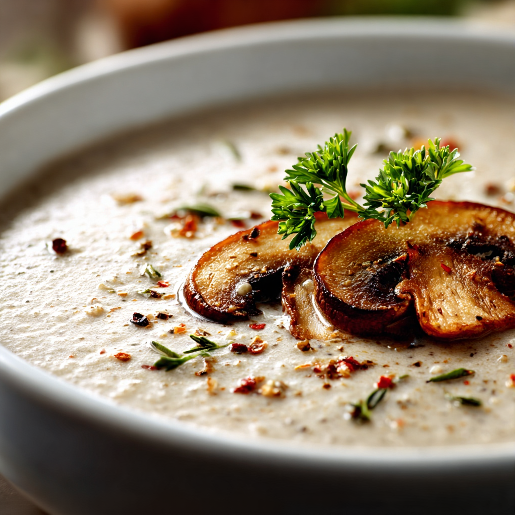 creamy mushroom soup showing glossy, velvety texture with a few tiny mushroom bits left for bite.