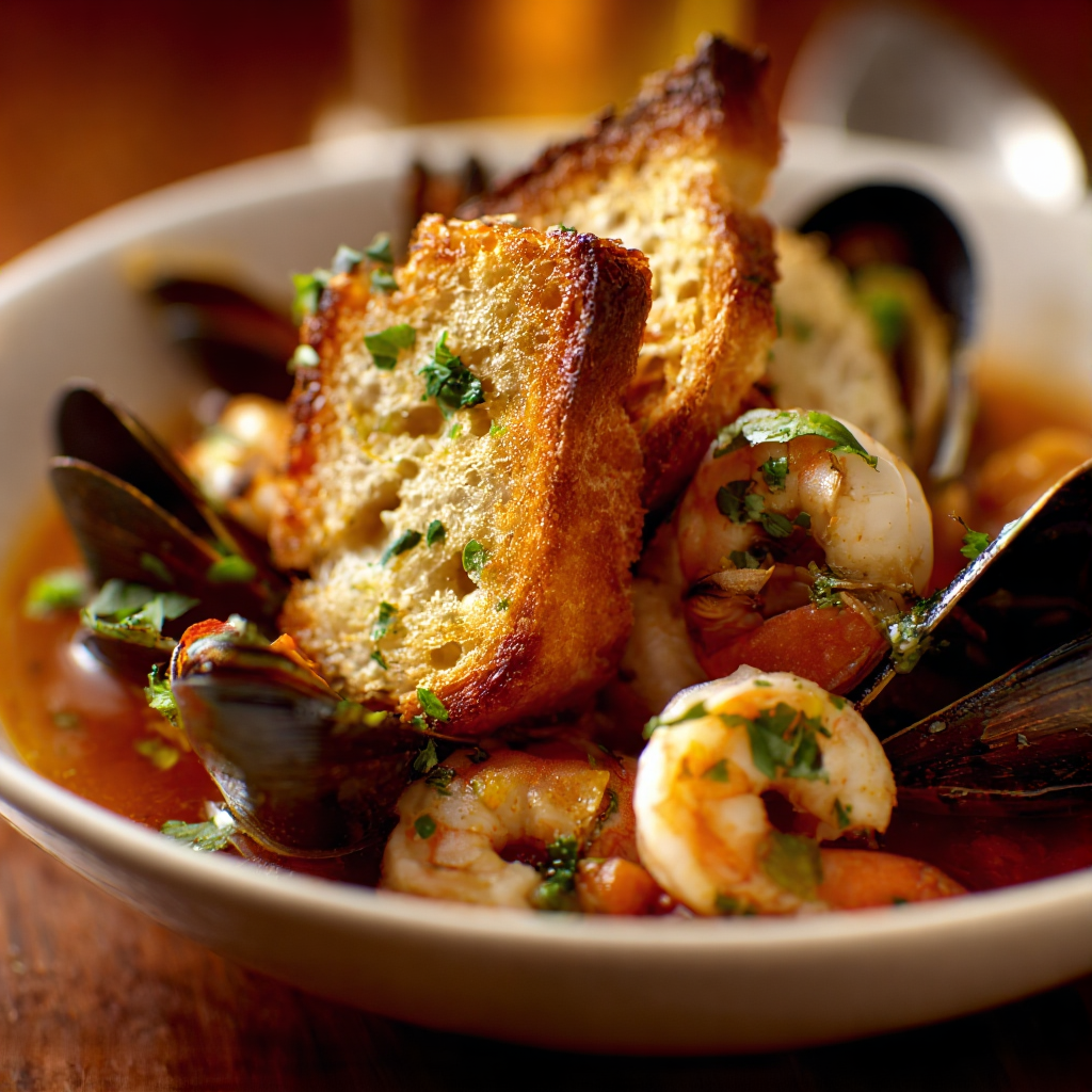 single bowl of authentic Marche brodetto with tender fish pieces, clams, mussels, and shrimp in a clear tomato-wine broth.