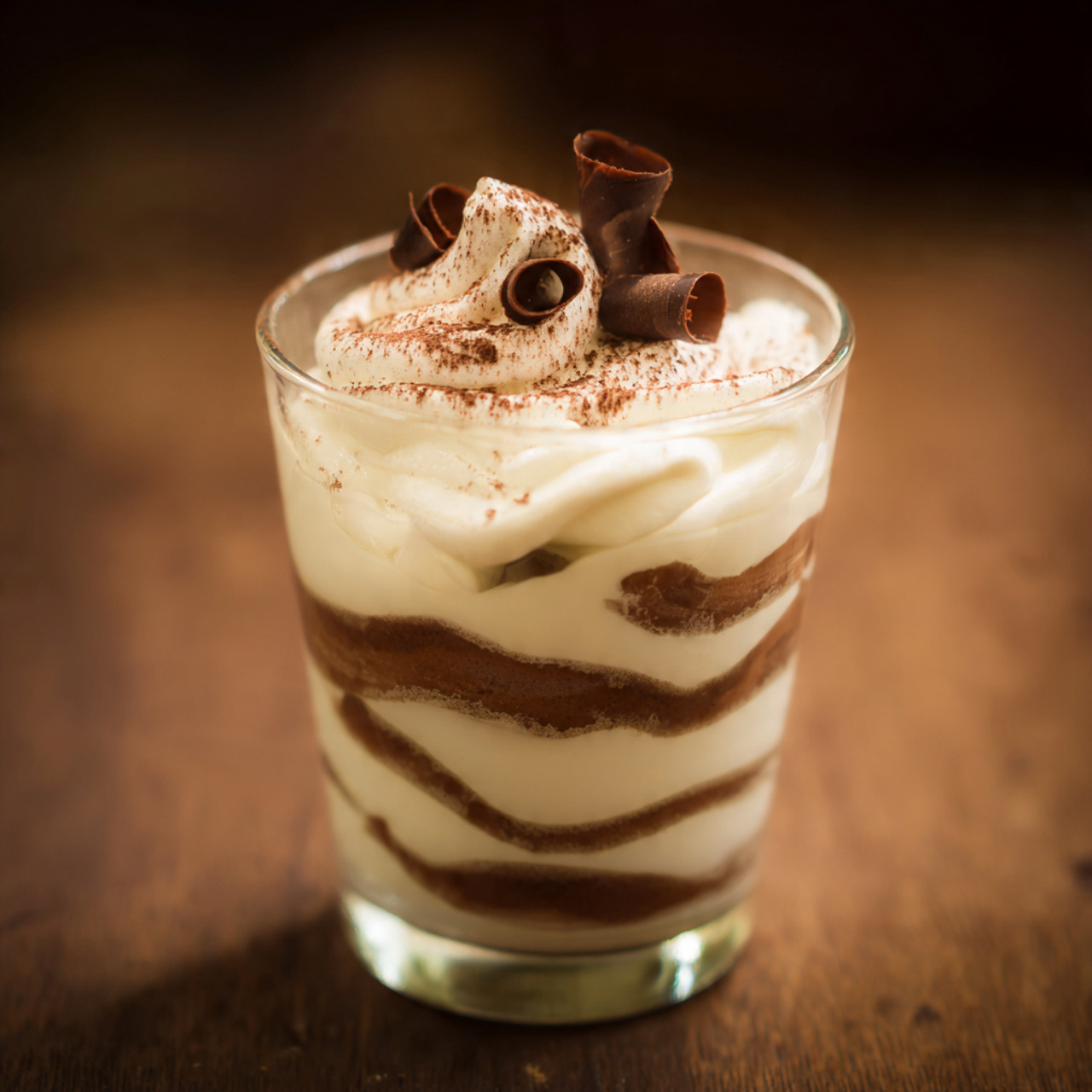 A top-angle photo of cappuccino cream dessert in a clear tumbler glass, showing smooth layers and a fluffy whipped cream top dusted with cocoa powder.