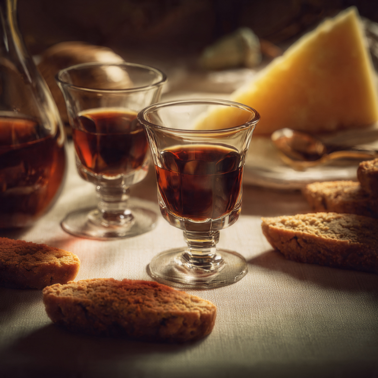Italian winter table setting: small glasses of vino cotto poured in tiny tulip glasses, paired with cantucci biscuits and a wedge of aged pecorino.