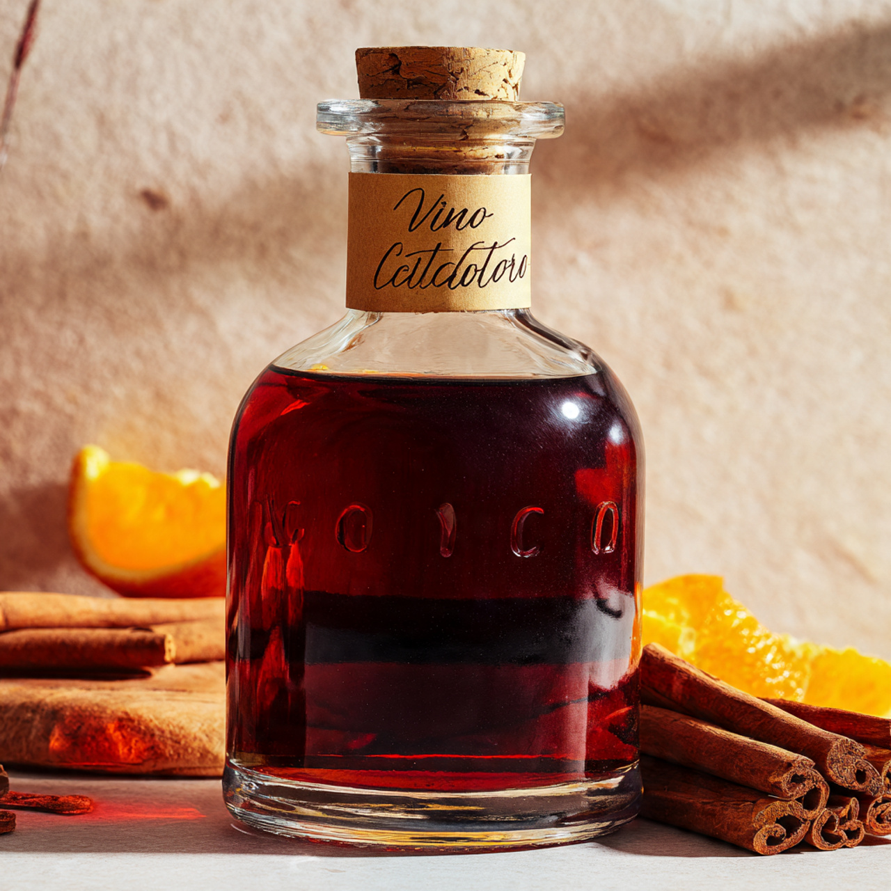A small clear glass bottle filled with rich amber-brown vino cotto, labeled by hand, sitting on a wooden counter with cinnamon sticks and orange peel beside