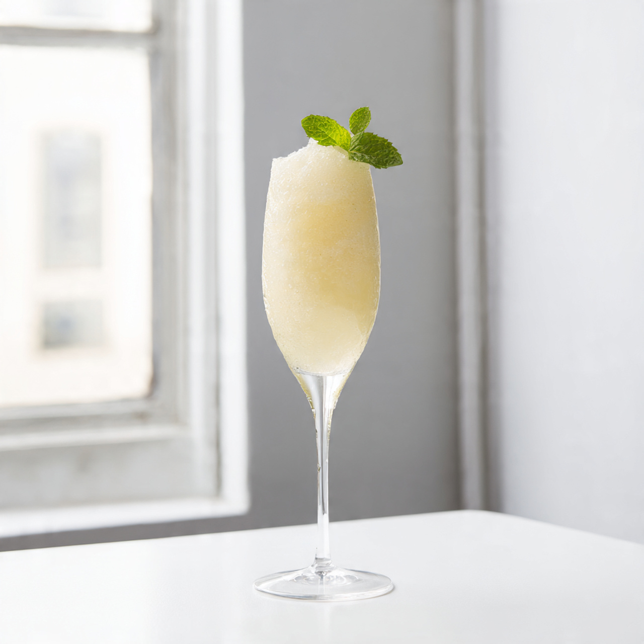 A bartender’s hand pouring freshly blended Sgroppino into a chilled flute on a sunny terrace. Slight Prosecco bubbles rising through the lemon slush.