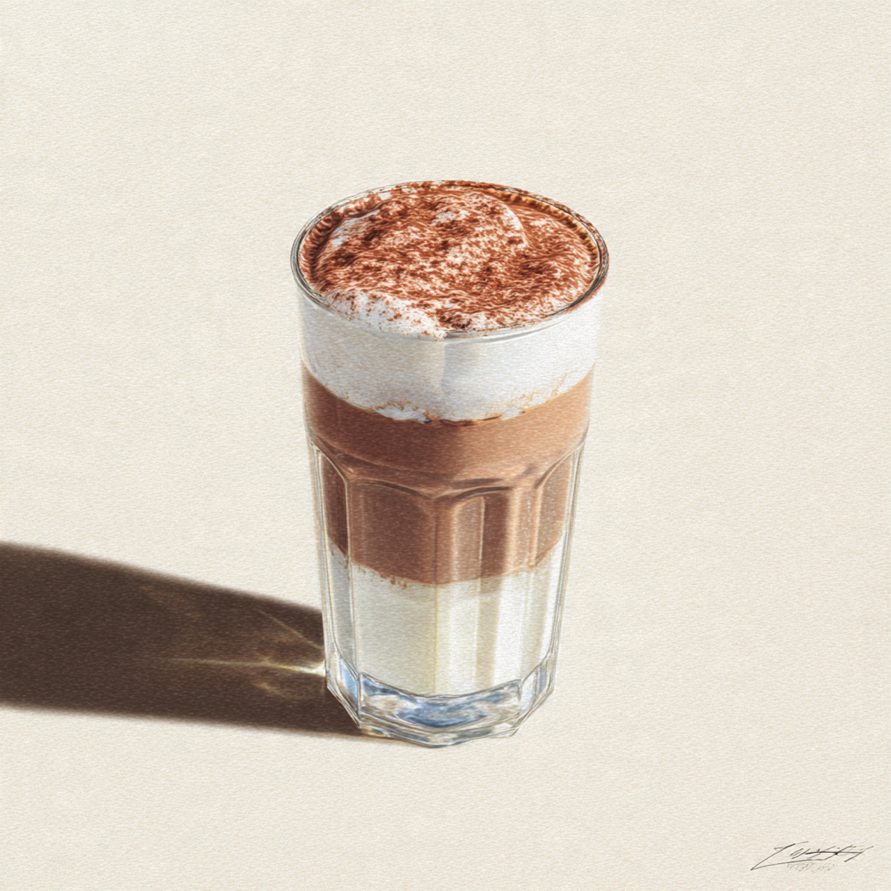 A clear glass filled with alternating layers of thick coffee custard and soft Chantilly cream, 4–5 neat layers, chilled and glossy.