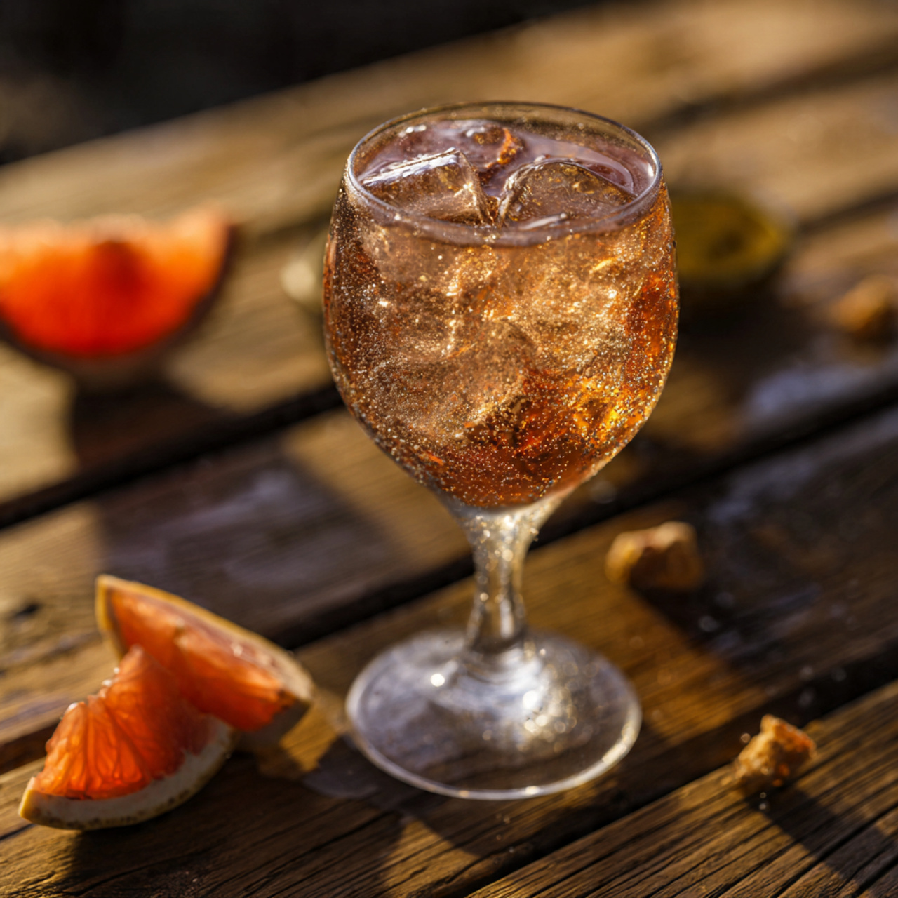 Montenegro spritz built in a tall wine glass packed with fresh ice. Light golden color, strong bubbly lift.