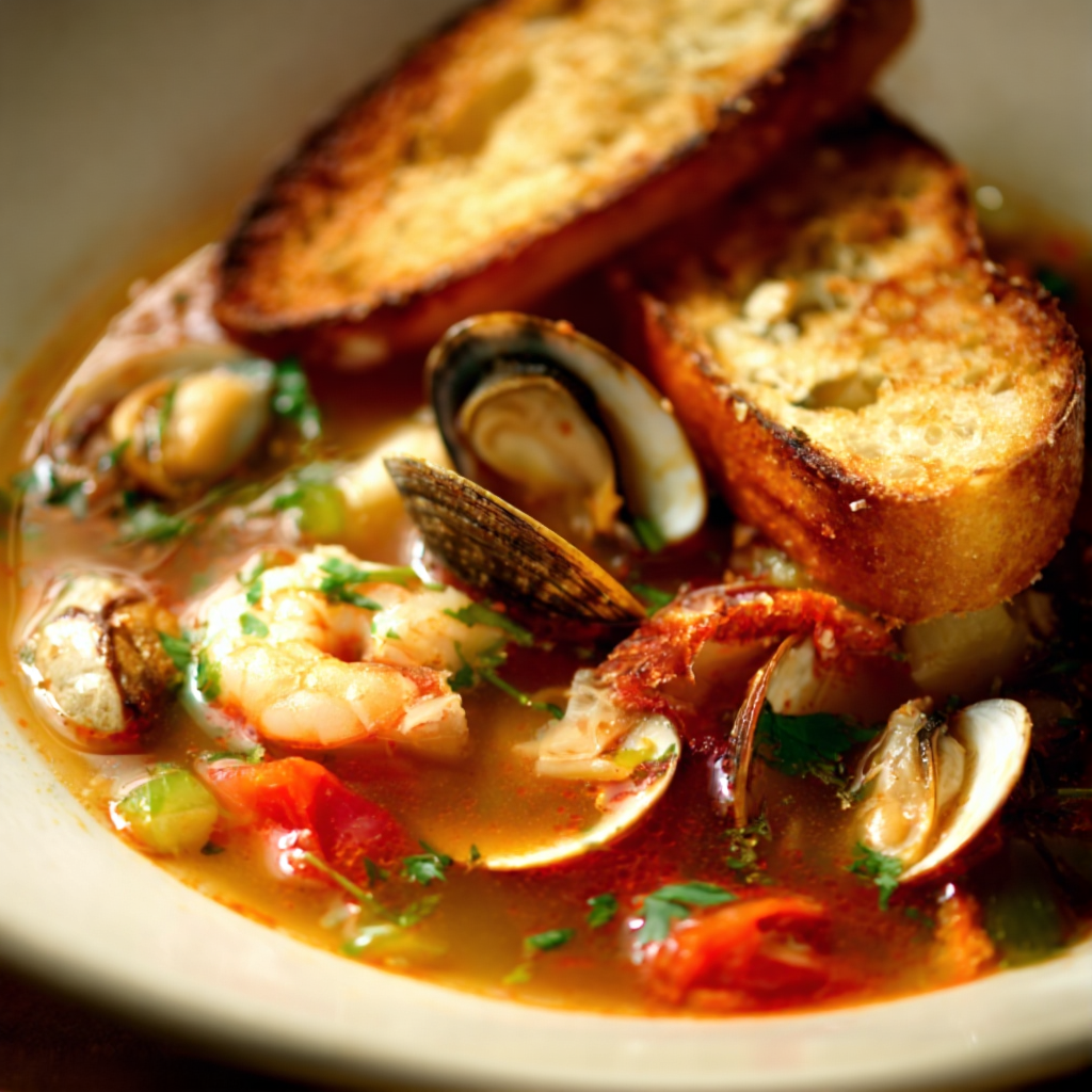 Toasted bread soaked slightly in the broth.