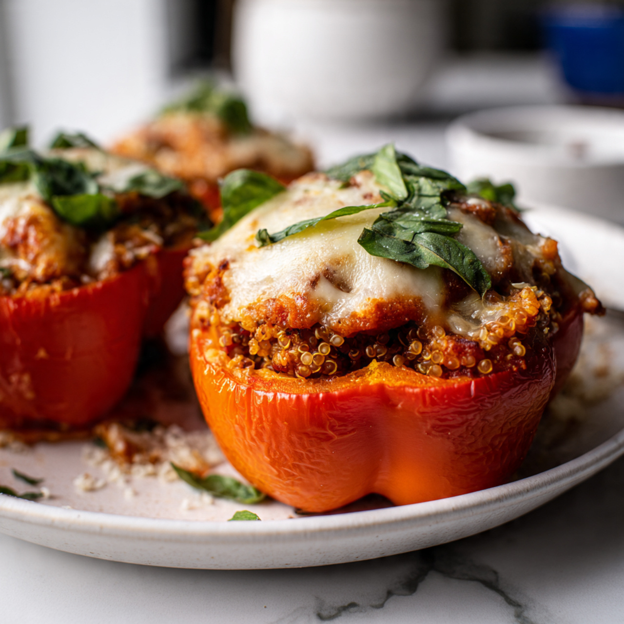 Italian stuffed bell pepper halves baked in a white ceramic dish.