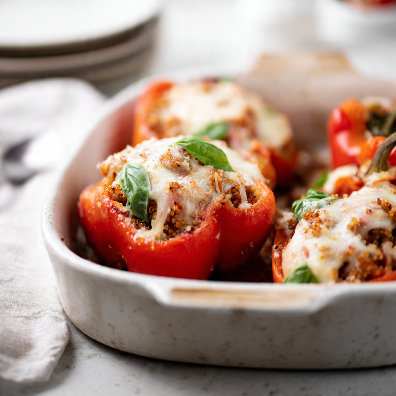 Upright whole bell peppers stuffed with quinoa, beans, vegetables, and tomato sauce, finished with melted cheese inside a slow cooker.