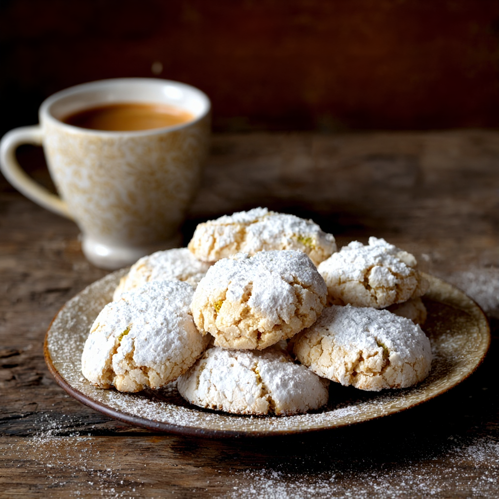 freshly baked Ricciarelli cookies cooling on parchment paper.