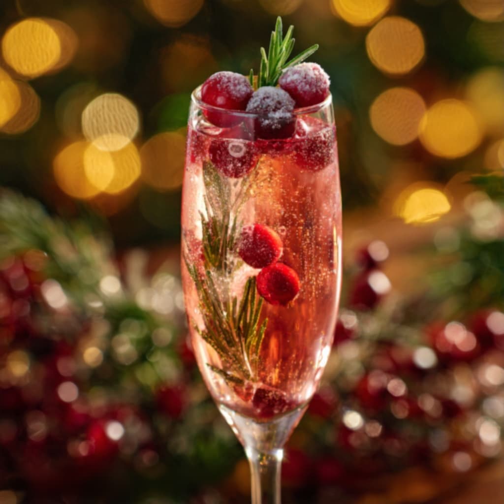 sparkling cranberry mimosa on a rustic wooden table, with a rim of decorative sugar and a sprig of rosemary.