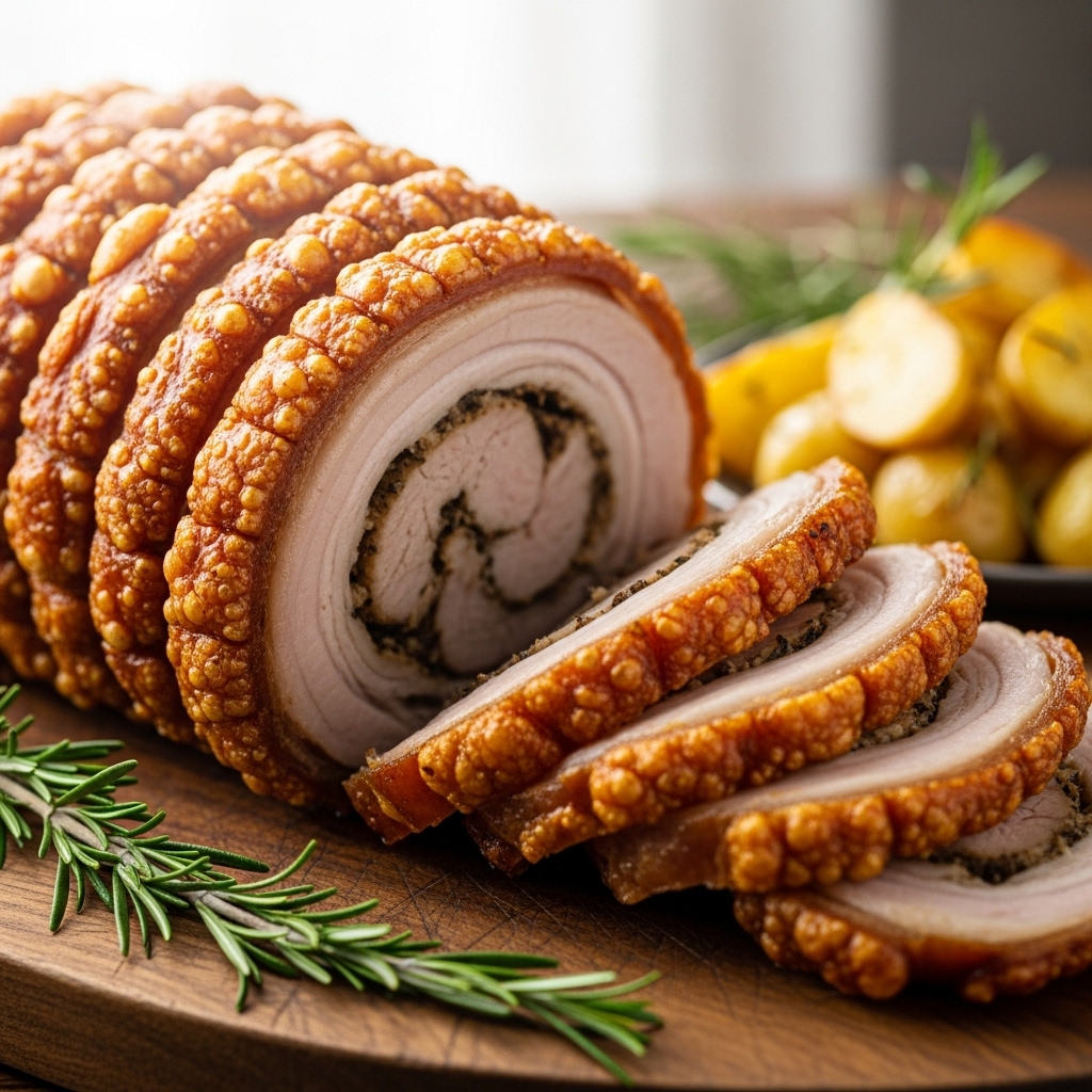 whole porchetta roast on a rack in the oven, with golden crackling skin, surrounded by fennel branches and a rustic background of a kitchen.
