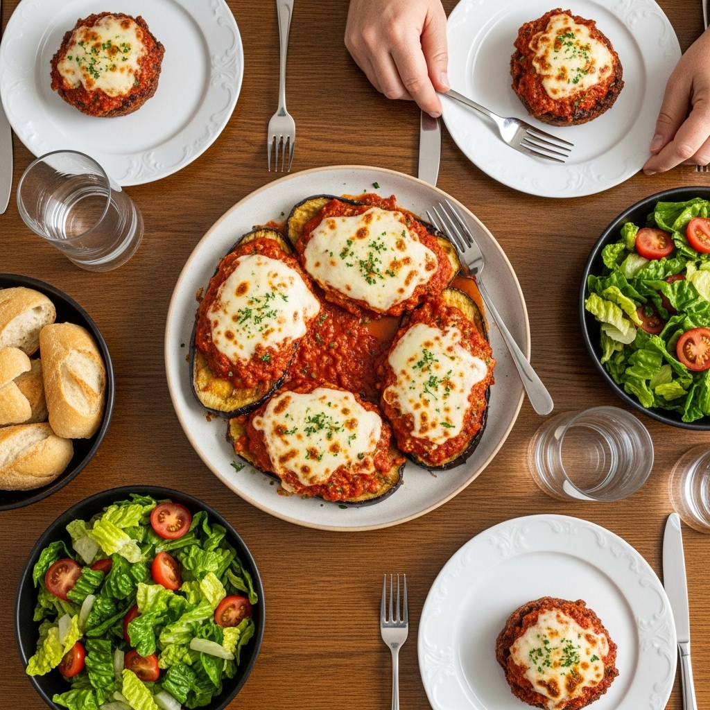 serving dish of air fryer eggplant parmesan in the center, garnished with fresh basil leaves.