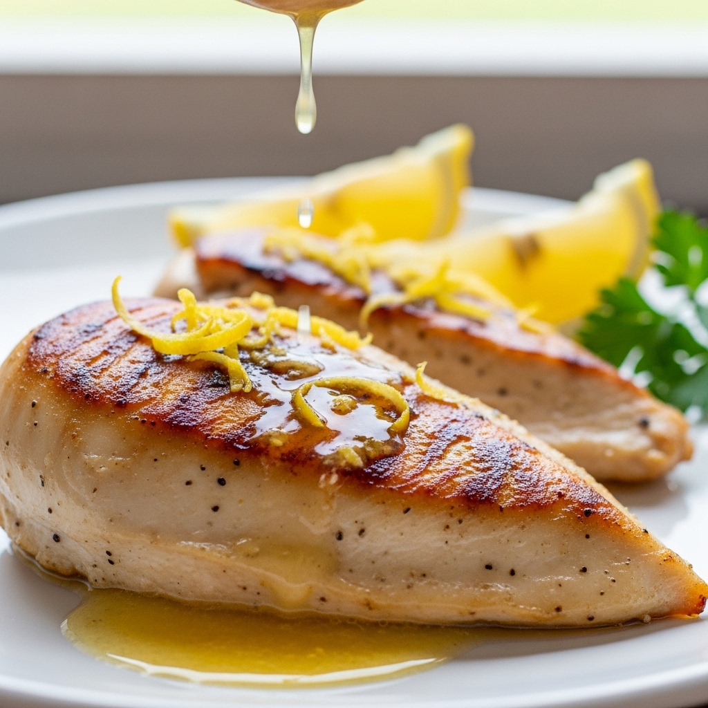 Pollo al Limone served on a white plate with roasted vegetables (like Brussels sprouts or zucchini) on the side.
