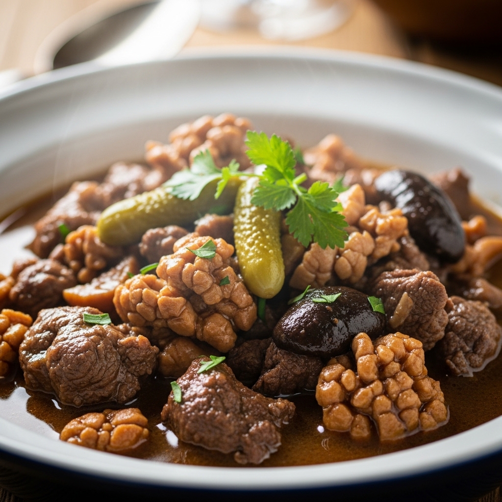 bowl of Finanziera Piemontese stew, filled with veal, chicken, sweetbreads, and marinated porcini mushrooms.