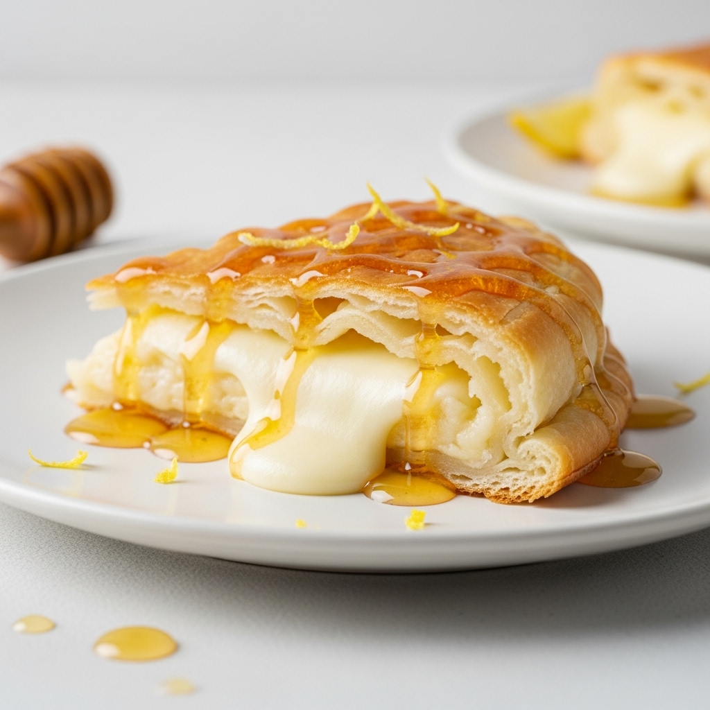 plate with 3 Seadas pastries, each perfectly golden and drizzled with honey.