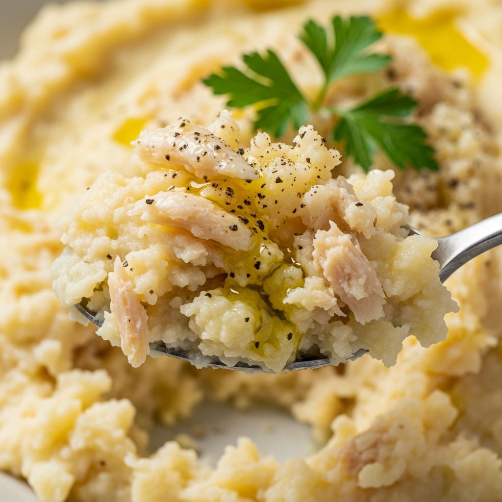 Rustic and creamy Brandacujun served in a rustic ceramic bowl.