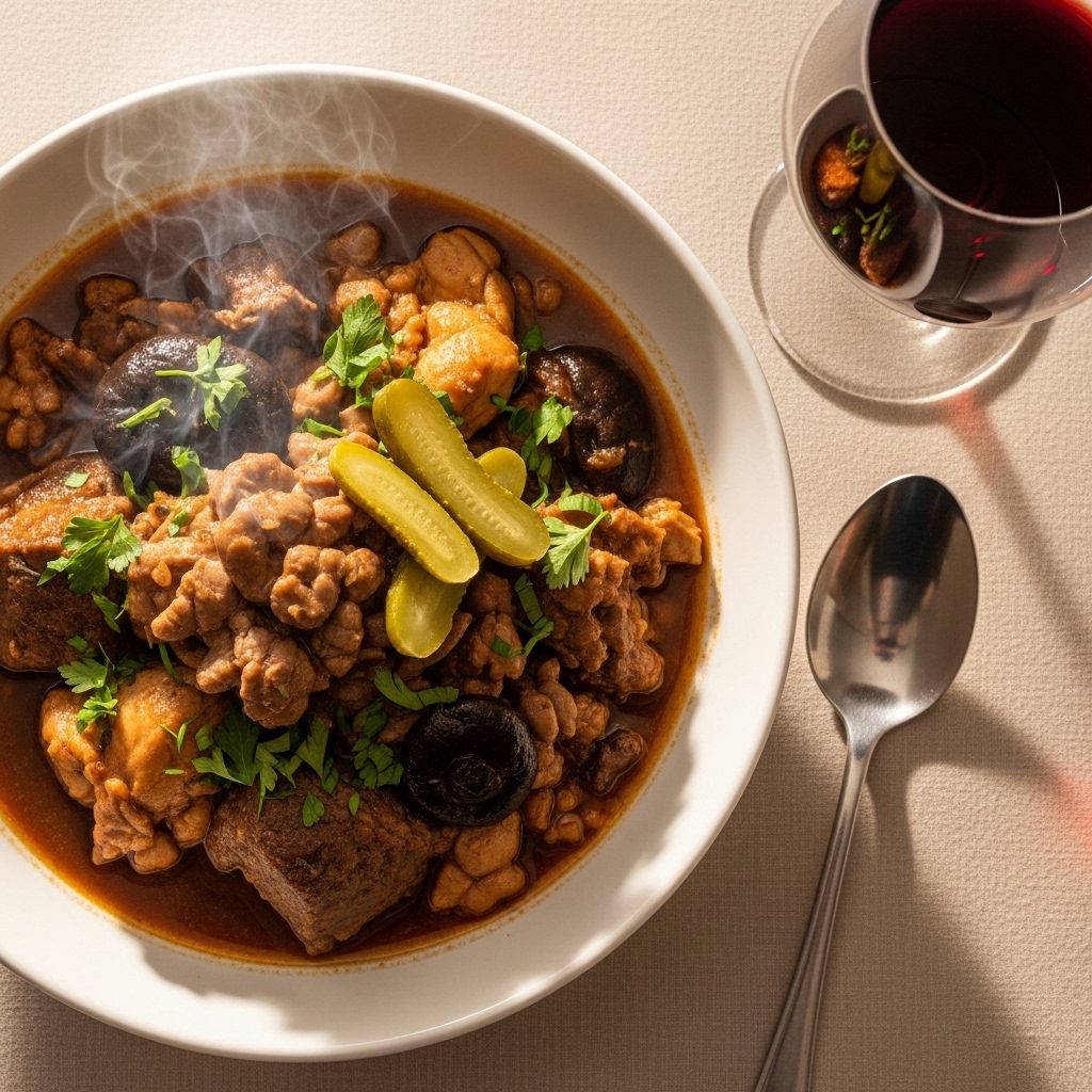rustic wooden table with a large bowl of Finanziera Piemontese stew in the center.