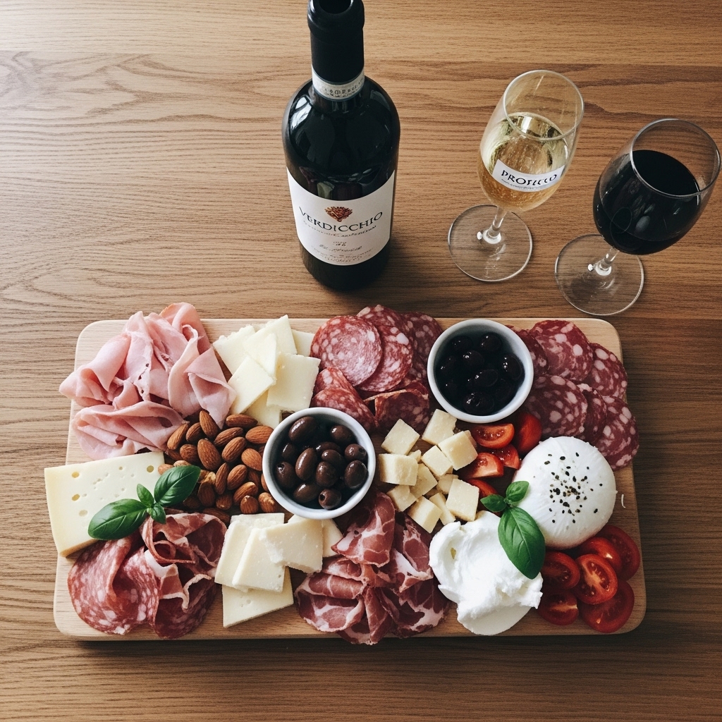 Italian antipasto platter with carefully arranged slices of prosciutto and soppressata, semi-firm Fontina cheese, and fresh Mozzarella di Bufala.