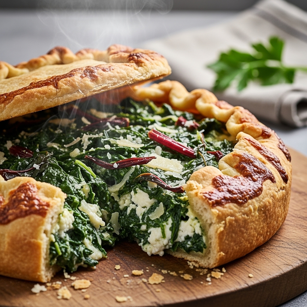 Erbazzone pie on a kitchen counter, with the crust golden and crispy.
