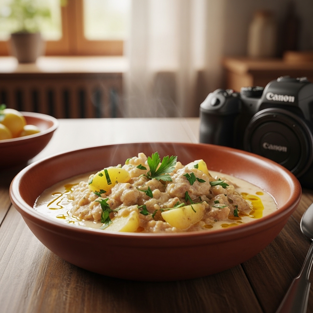 rustic spoonful of Brandacujun taken from a bowl, showing the texture of the dish.